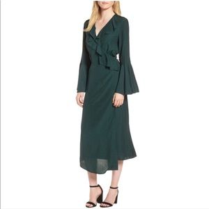 CHELSEA28 DARK GREEN RUFFLE WRAP MIDI DRESS